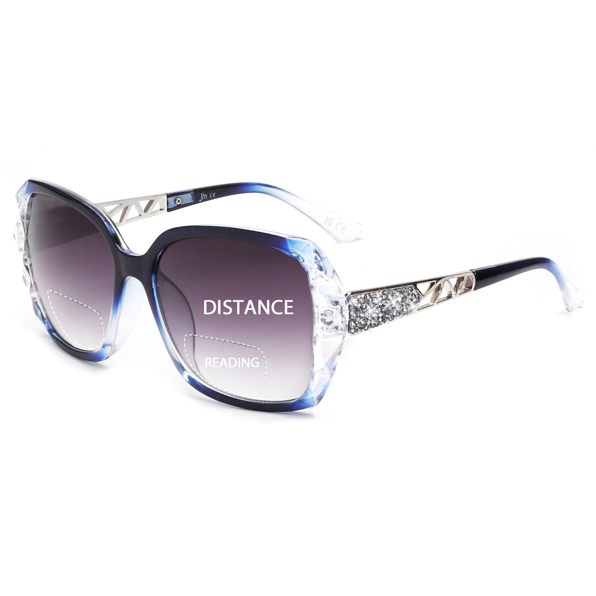JM Bifocal Reading Sunglasses for Women Fashion Oversized Square Sun Readers Outdoor Reading Glasses UV400 Protection Clear Blue +1.5